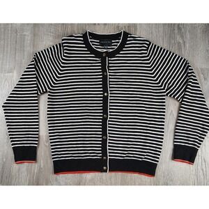 Premise Womens XL Black White Stripe Gold‎ Button Cardigan Sweater Nautical Prep
